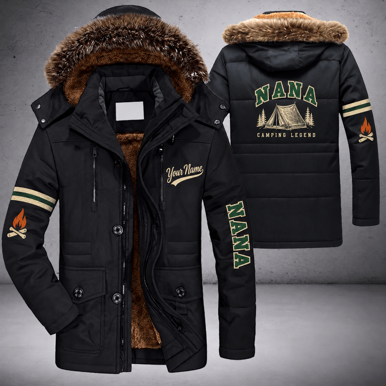 Black parka jacket with a faux-fur hood, tent on the back, "NANA" lettering and a custom name in script on the chest
