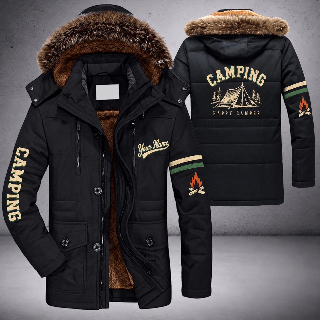 Black parka jacket with a faux-fur hood, tent on the back, "CAMPING" lettering and a custom name in script on the chest