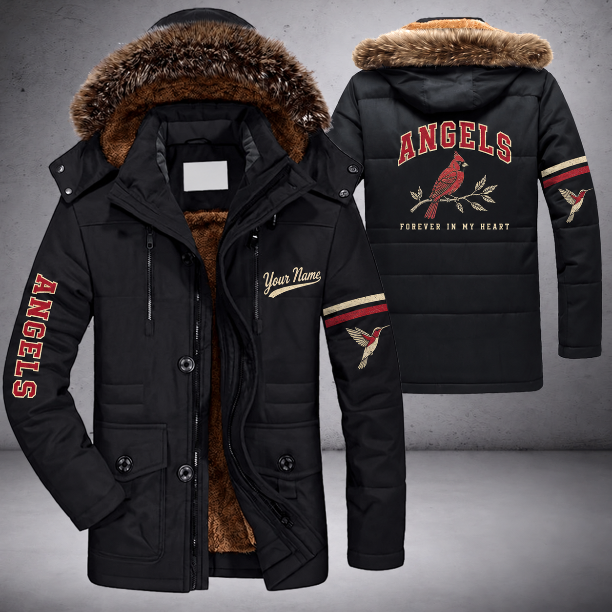 Black parka jacket with a faux-fur hood, red cardinal on a branch on the back, "ANGELS" lettering and a custom name in script on the chest