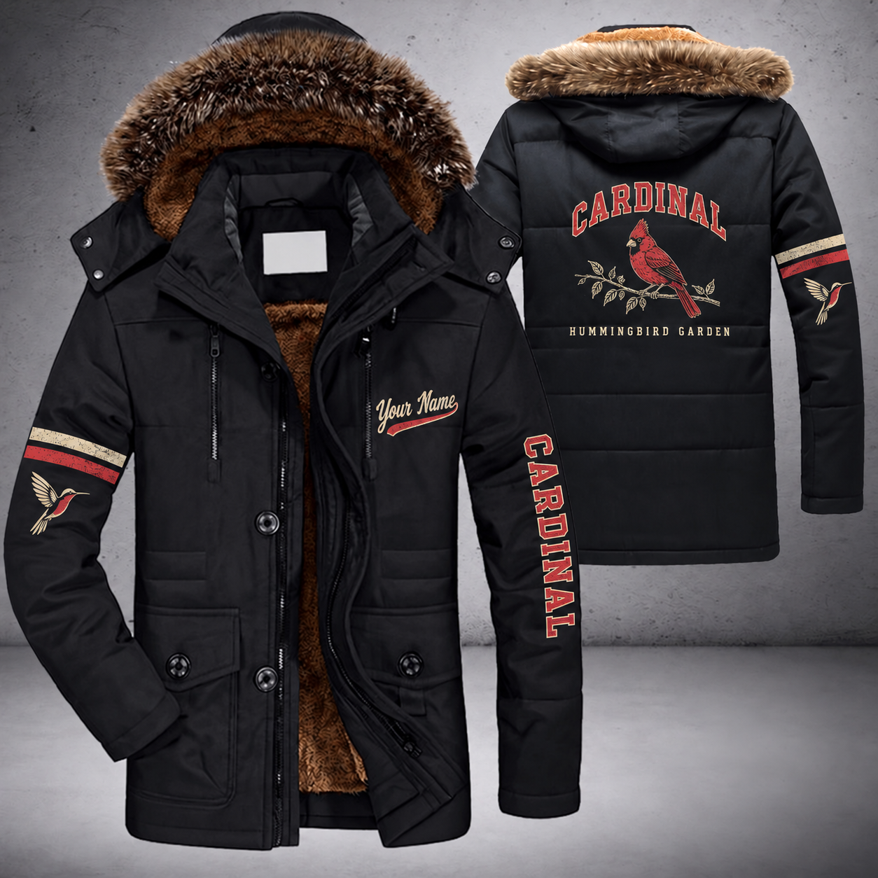 Black parka jacket with a faux-fur hood, red cardinal on a branch on the back, "CARDINAL" lettering and a custom name in script on the chest