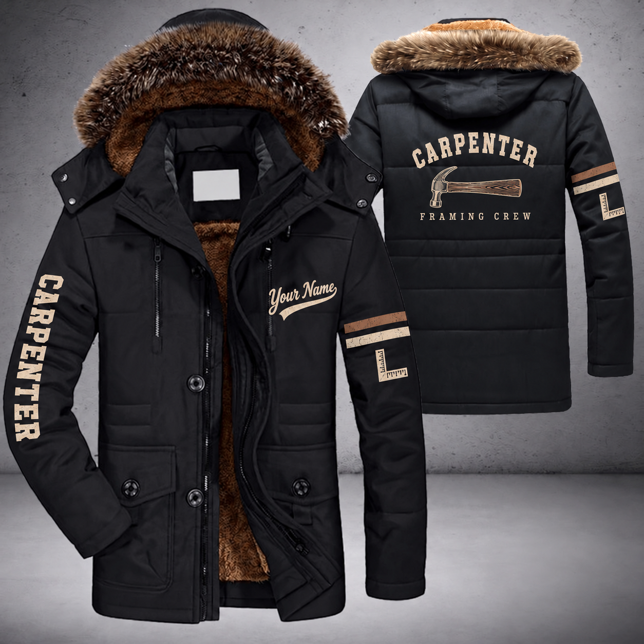 Black parka jacket with a faux-fur hood, framing hammer on the back, "CARPENTER" lettering and a custom name in script on the chest