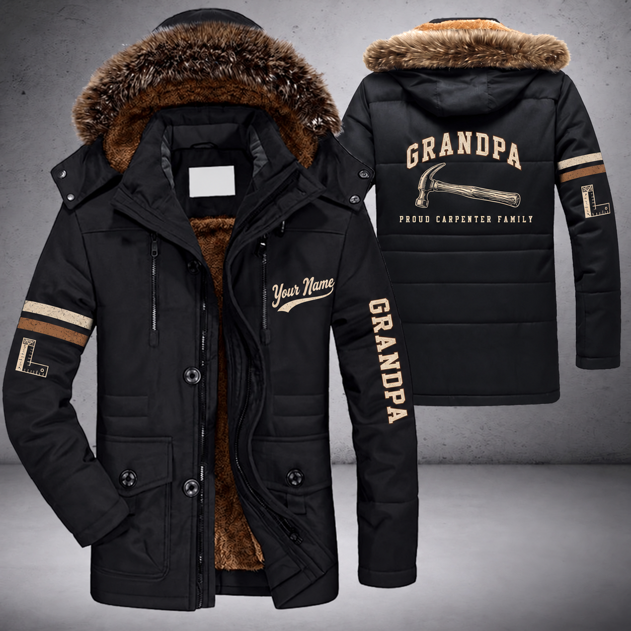 Black parka jacket with a faux-fur hood, framing hammer on the back, "GRANDPA" lettering and a custom name in script on the chest