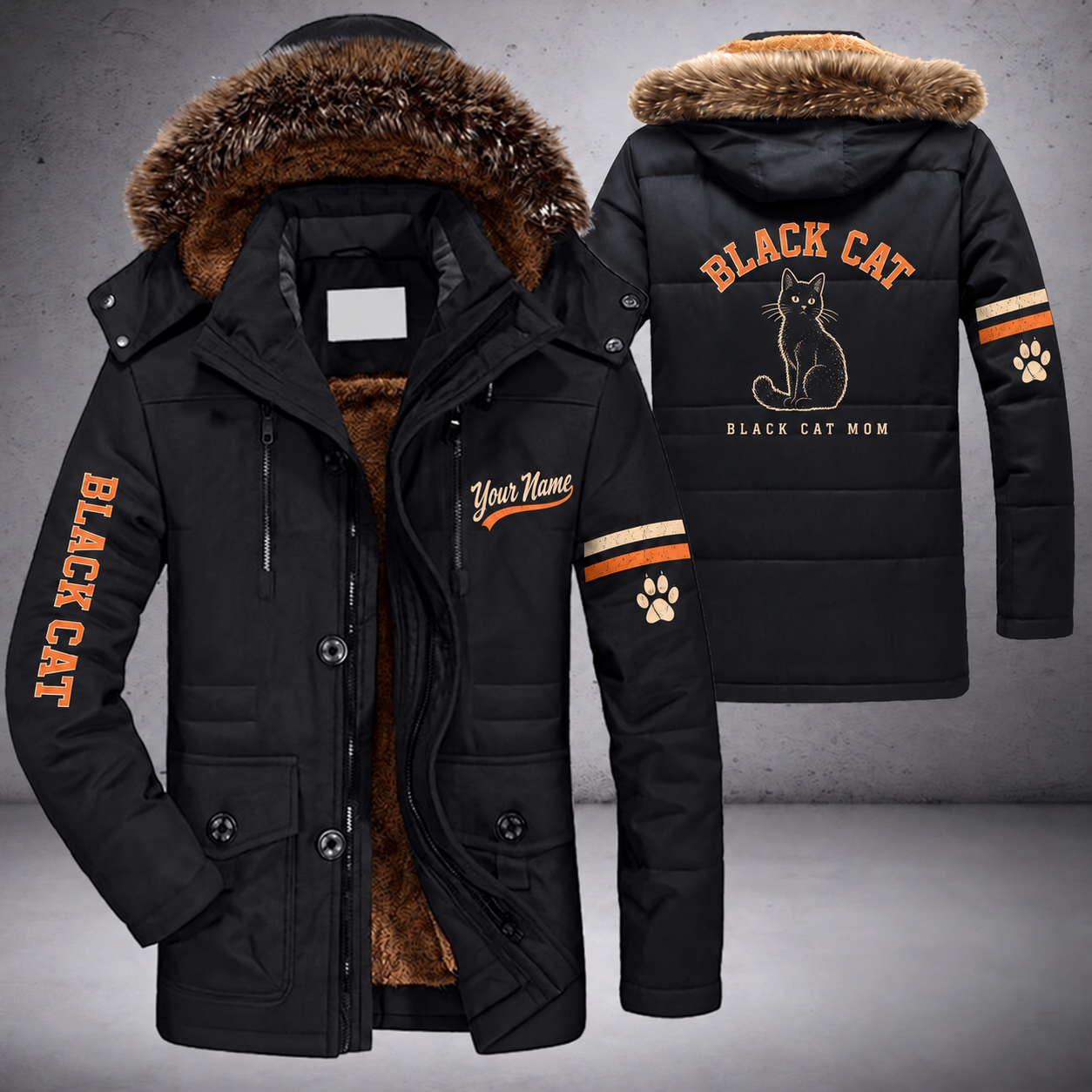 Black parka jacket with a faux-fur hood, black cat sitting on the back, "BLACK CAT" lettering and a custom name in script on the chest