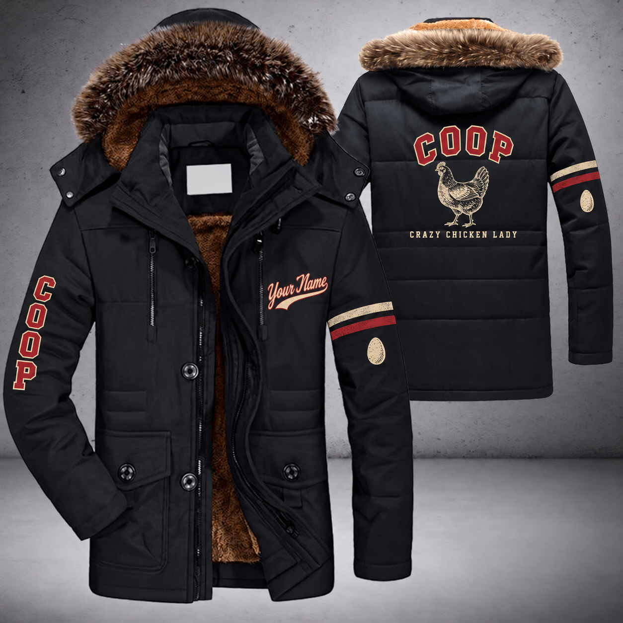 Black parka jacket with a faux-fur hood, hen on the back, "COOP" lettering and a custom name in script on the chest
