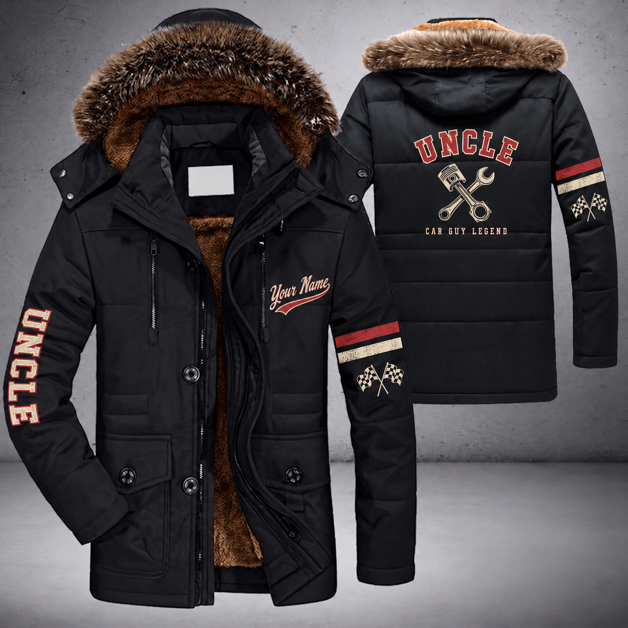 Black parka jacket with a faux-fur hood, piston and wrench on the back, "UNCLE" lettering and a custom name in script on the chest
