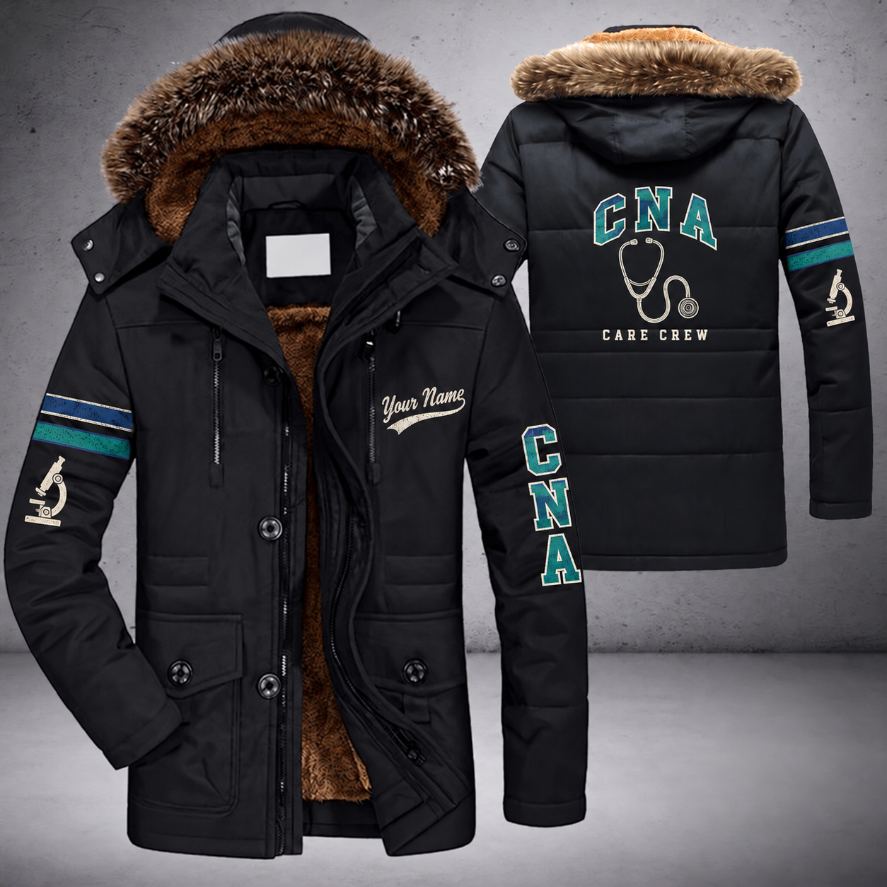 Black parka jacket with a faux-fur hood, stethoscope on the back, "CNA" lettering and a custom name in script on the chest