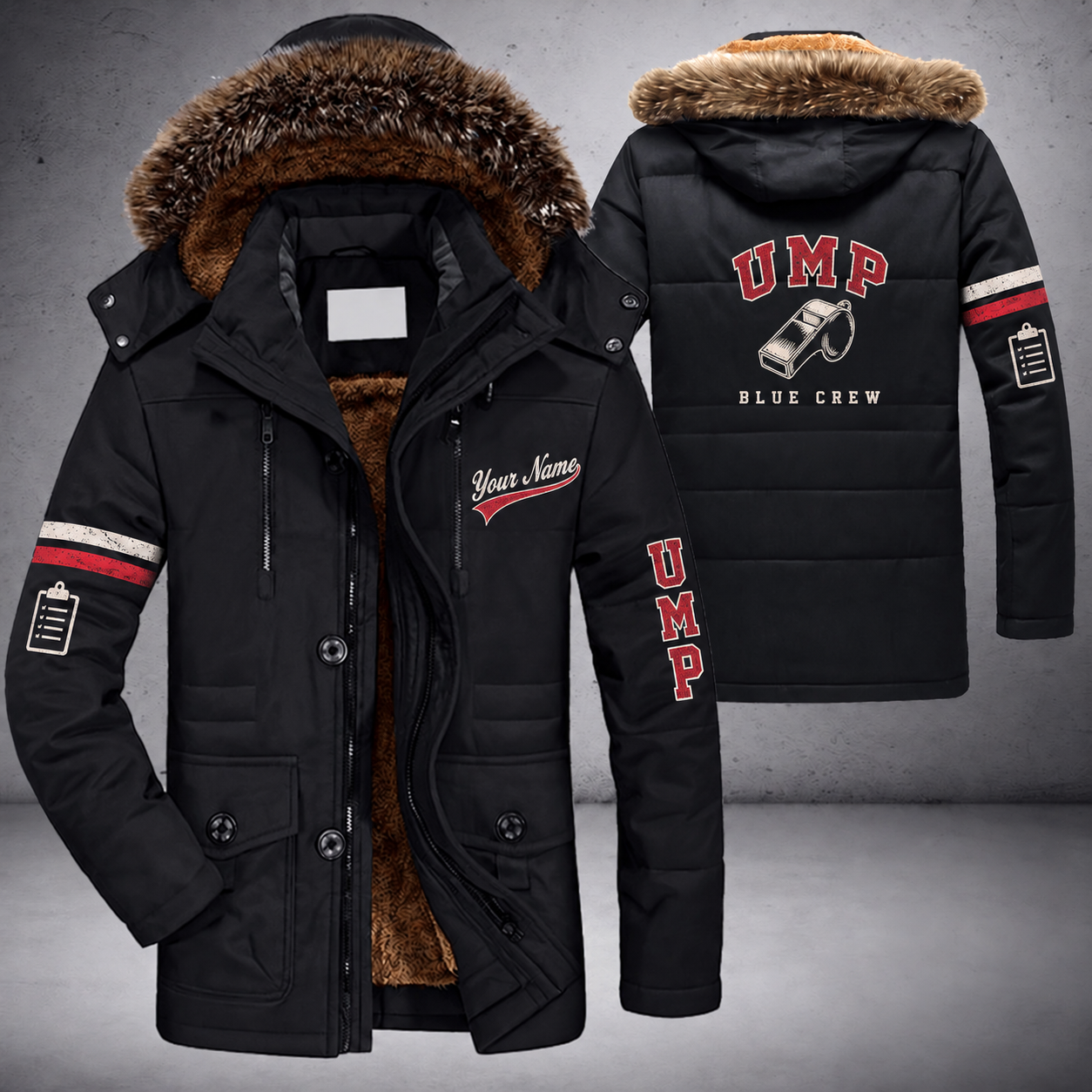 Black parka jacket with a faux-fur hood, whistle on the back, "UMP" lettering and a custom name in script on the chest