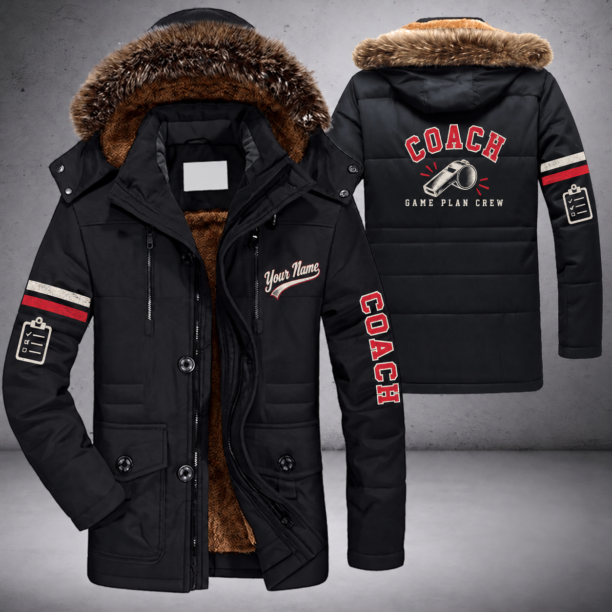 Black parka jacket with a faux-fur hood, whistle on the back, "COACH" lettering and a custom name in script on the chest