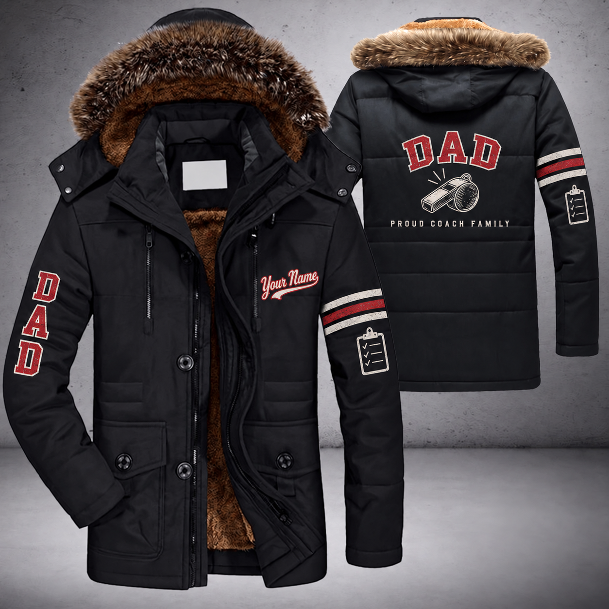 Black parka jacket with a faux-fur hood, whistle on the back, "DAD" lettering and a custom name in script on the chest