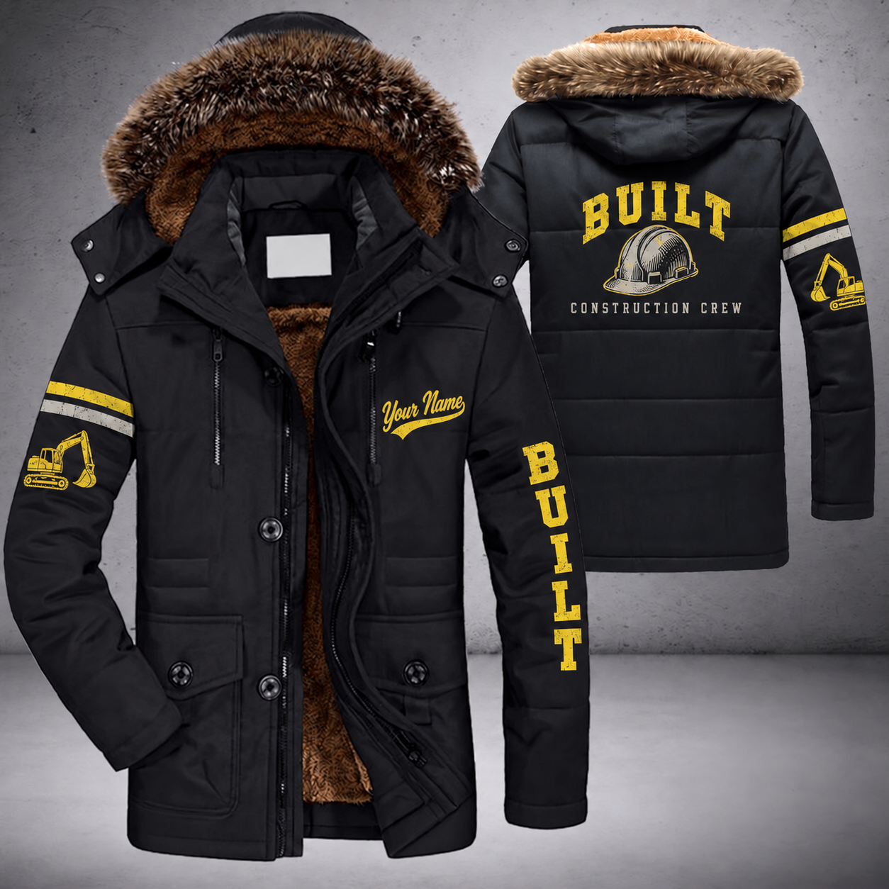 Black parka jacket with a faux-fur hood, hard hat on the back, "BUILT" lettering and a custom name in script on the chest