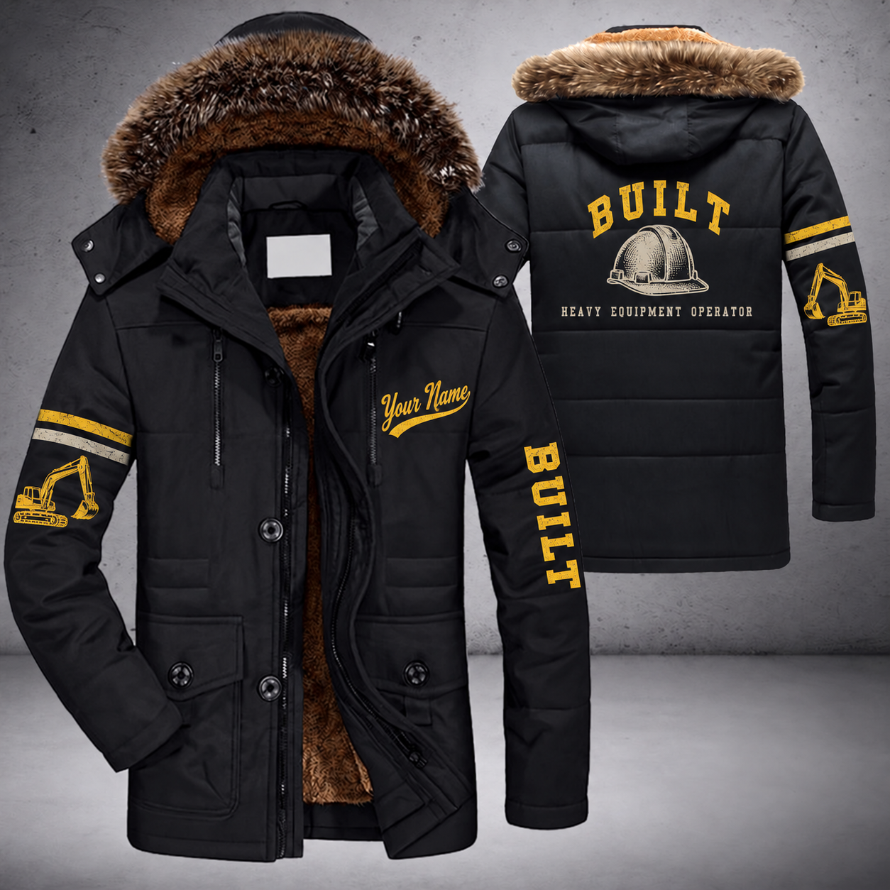 Black parka jacket with a faux-fur hood, hard hat on the back, "BUILT" lettering and a custom name in script on the chest