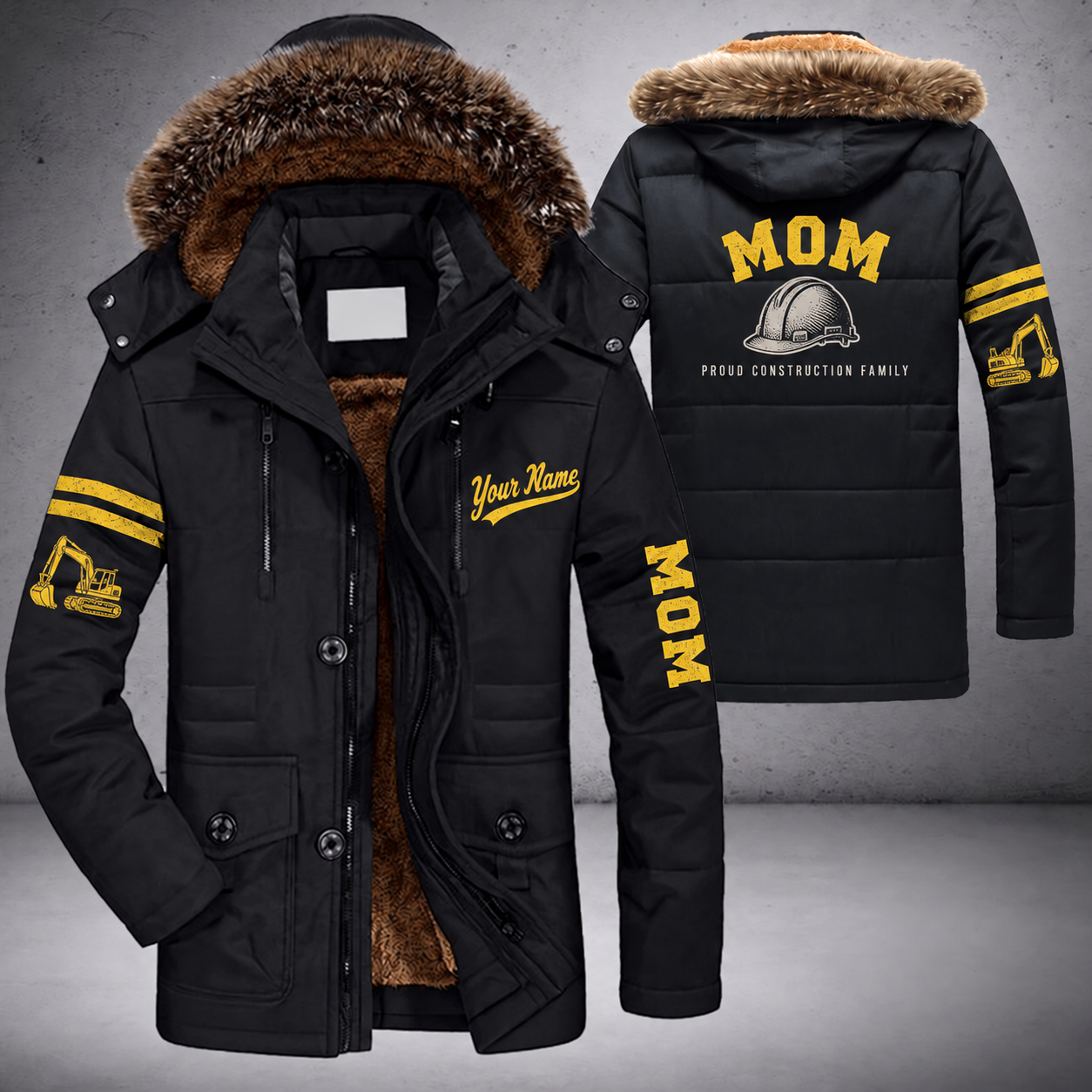 Black parka jacket with a faux-fur hood, hard hat on the back, "MOM" lettering and a custom name in script on the chest