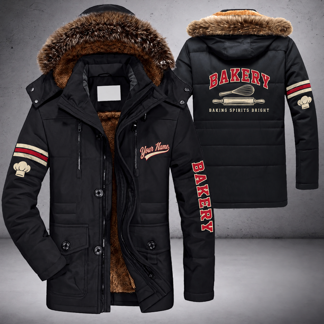 Black parka jacket with a faux-fur hood, whisk and rolling pin on the back, "BAKERY" lettering and a custom name in script on the chest