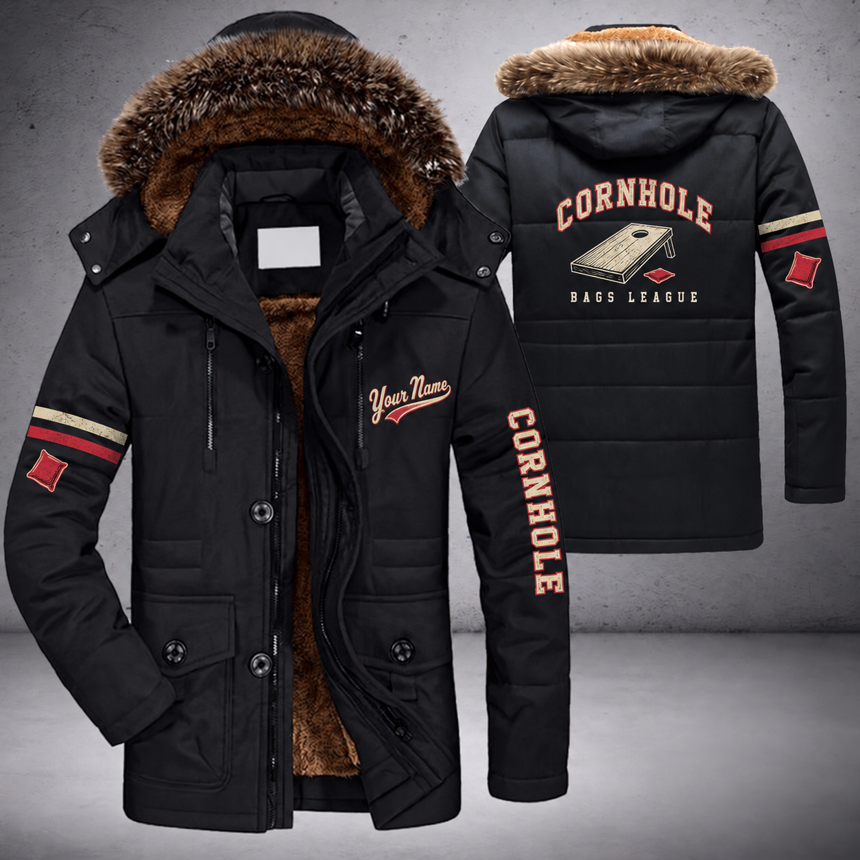 Black parka jacket with a faux-fur hood, cornhole board on the back, "CORNHOLE" lettering and a custom name in script on the chest