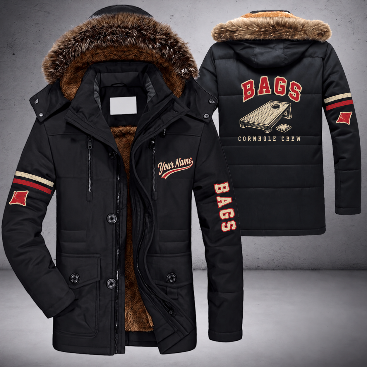 Black parka jacket with a faux-fur hood, cornhole board on the back, "BAGS" lettering and a custom name in script on the chest