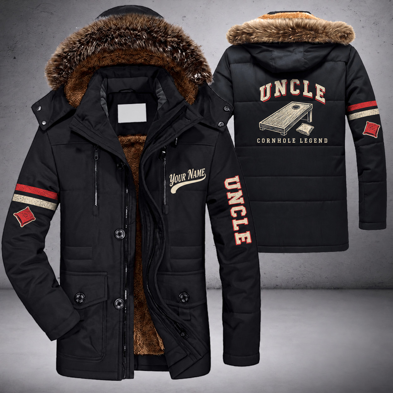 Black parka jacket with a faux-fur hood, cornhole board on the back, "UNCLE" lettering and a custom name in script on the chest
