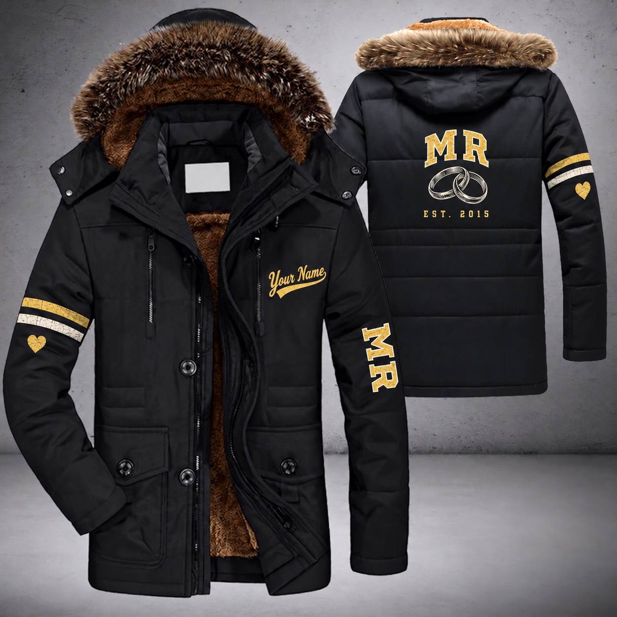 Black parka jacket with a faux-fur hood, interlocked rings on the back, "MR" lettering and a custom name in script on the chest