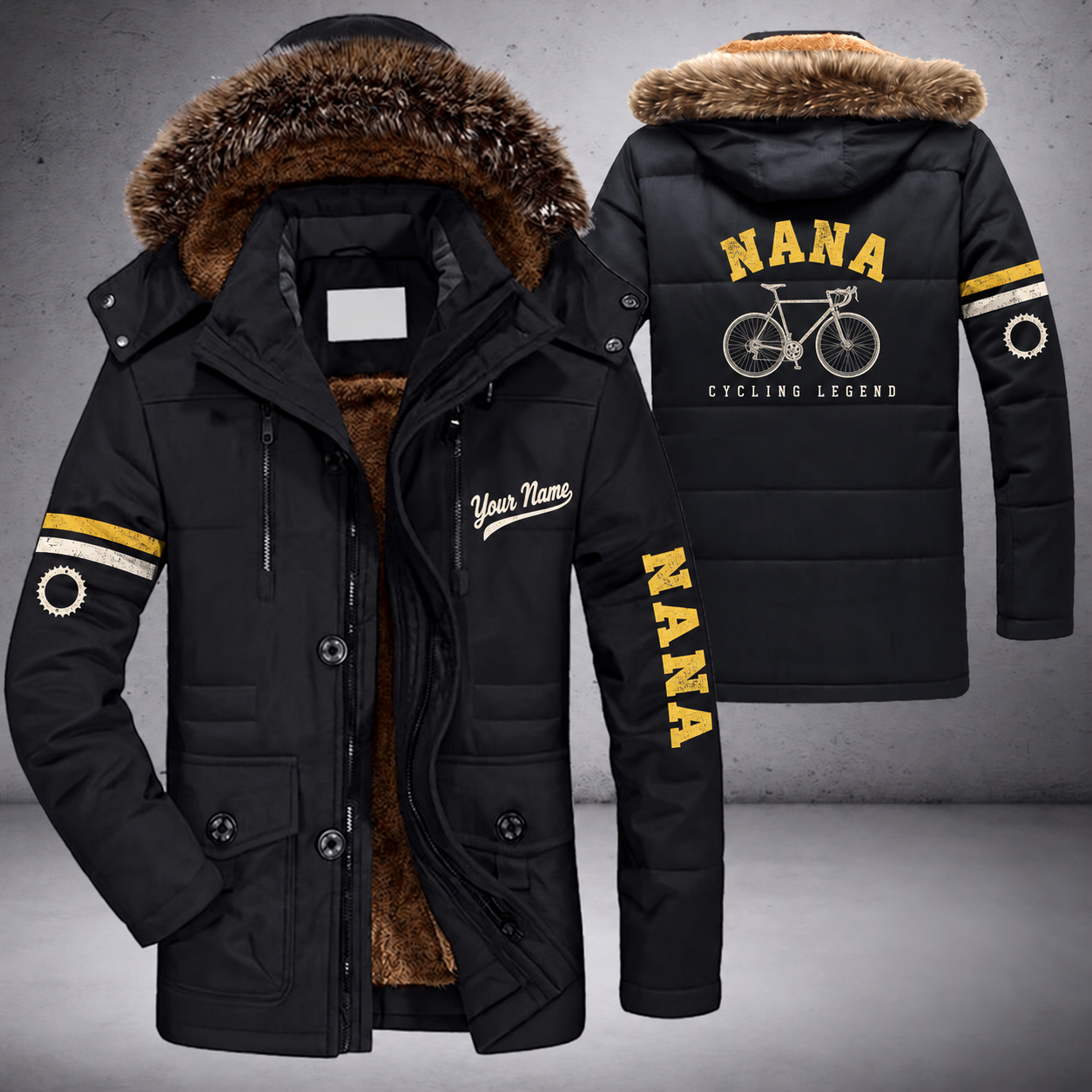 Black parka jacket with a faux-fur hood, road bike on the back, "NANA" lettering and a custom name in script on the chest