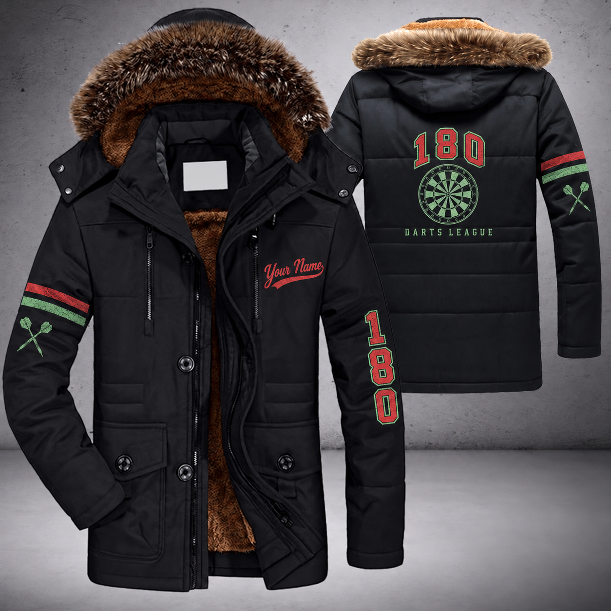 Black parka jacket with a faux-fur hood, dartboard on the back, "180" lettering and a custom name in script on the chest