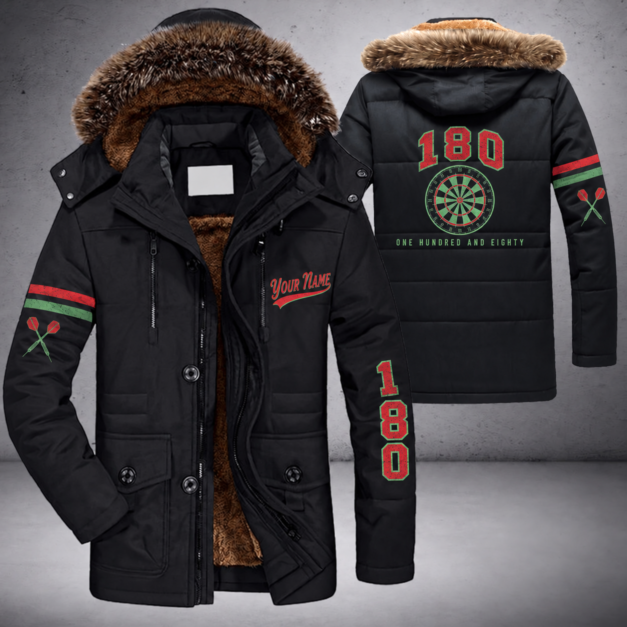 Black parka jacket with a faux-fur hood, dartboard on the back, "180" lettering and a custom name in script on the chest