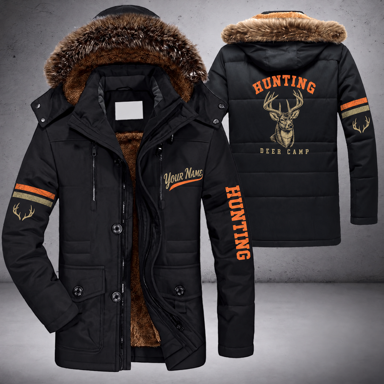 Black parka jacket with a faux-fur hood, whitetail buck head on the back, "HUNTING" lettering and a custom name in script on the chest