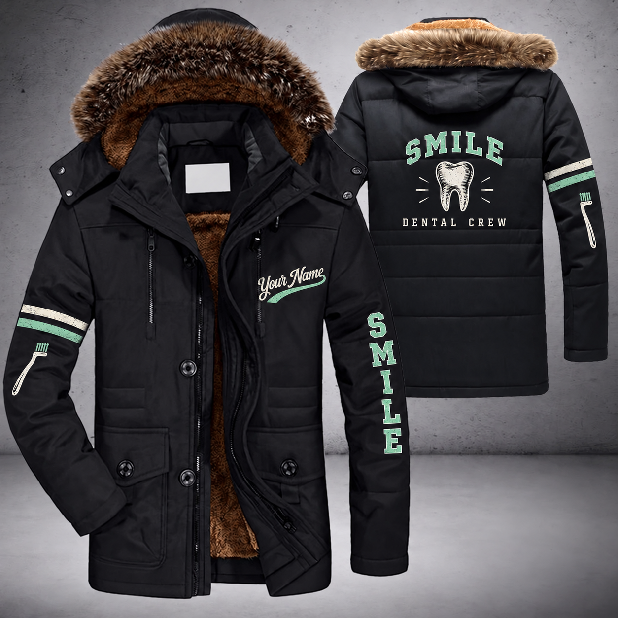 Black parka jacket with a faux-fur hood, tooth on the back, "SMILE" lettering and a custom name in script on the chest