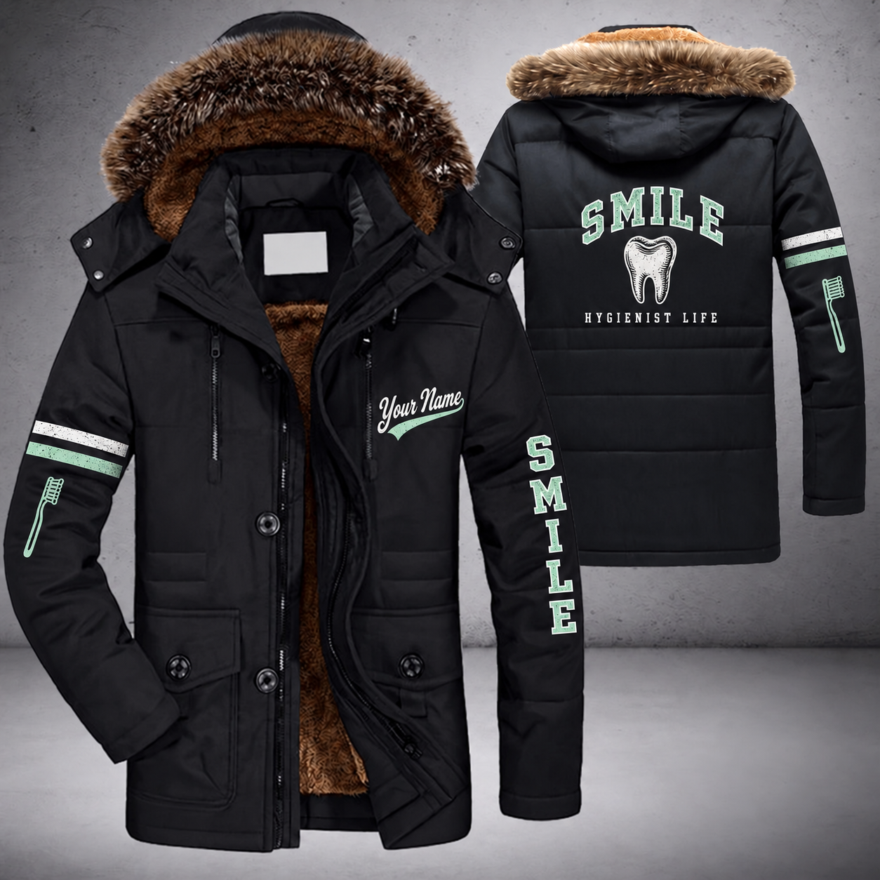 Black parka jacket with a faux-fur hood, tooth on the back, "SMILE" lettering and a custom name in script on the chest