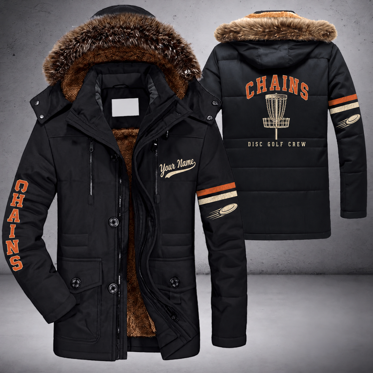 Black parka jacket with a faux-fur hood, disc golf basket on the back, "CHAINS" lettering and a custom name in script on the chest