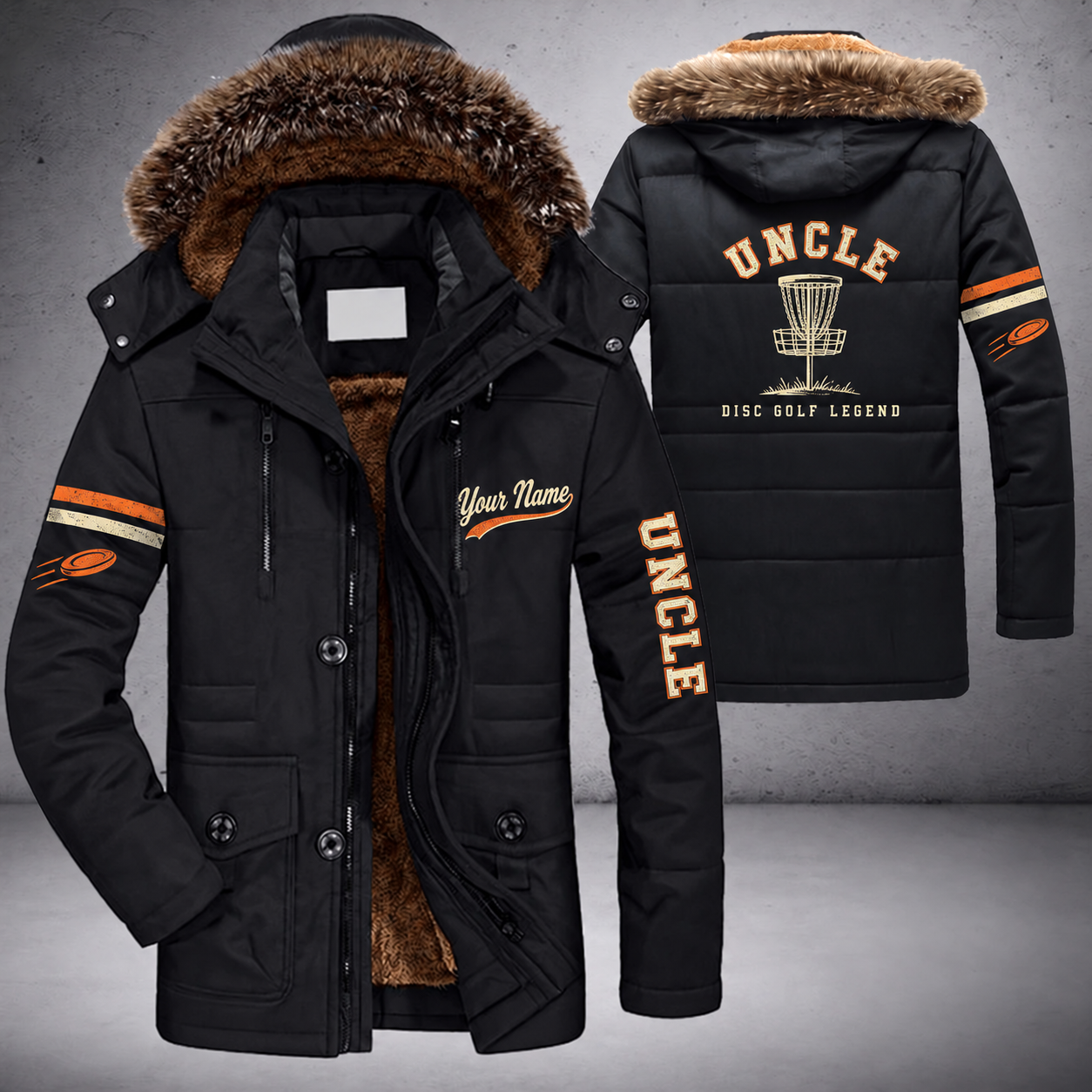 Black parka jacket with a faux-fur hood, disc golf basket on the back, "UNCLE" lettering and a custom name in script on the chest