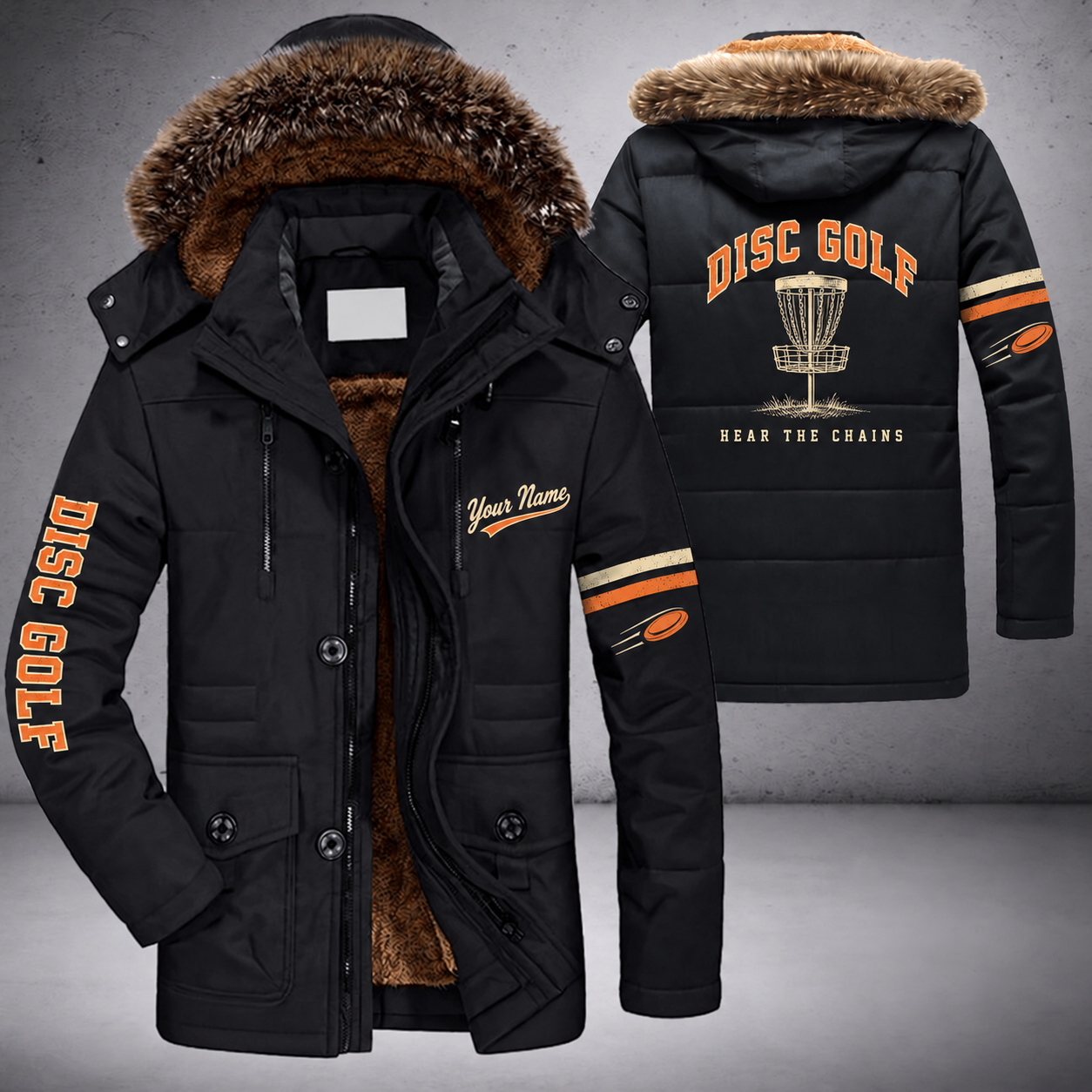 Black parka jacket with a faux-fur hood, disc golf basket on the back, "DISC GOLF" lettering and a custom name in script on the chest