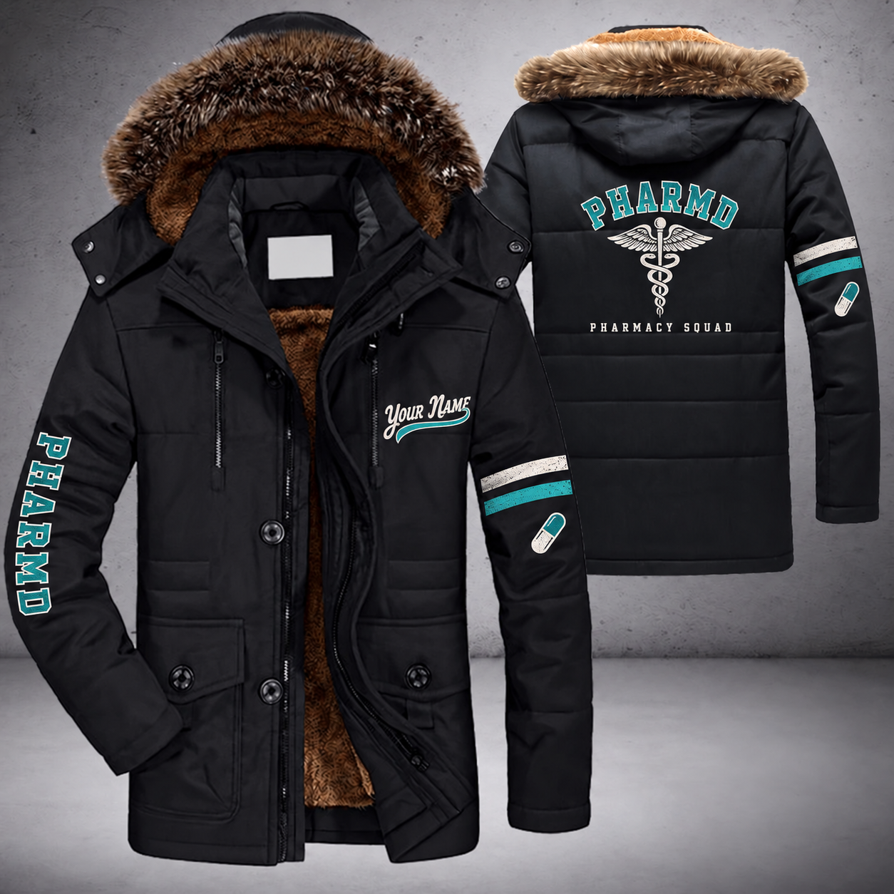 Black parka jacket with a faux-fur hood, caduceus on the back, "PHARMD" lettering and a custom name in script on the chest