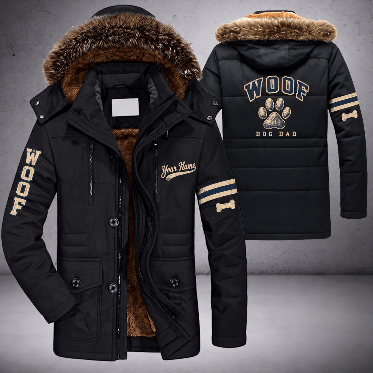 Black parka jacket with a faux-fur hood, paw print on the back, "WOOF" lettering and a custom name in script on the chest