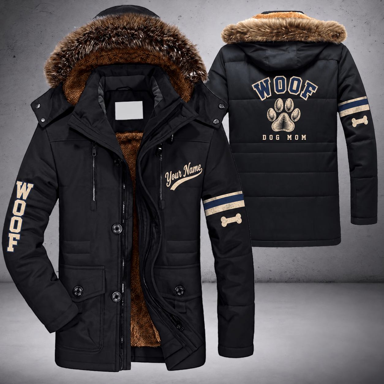 Black parka jacket with a faux-fur hood, paw print on the back, "WOOF" lettering and a custom name in script on the chest