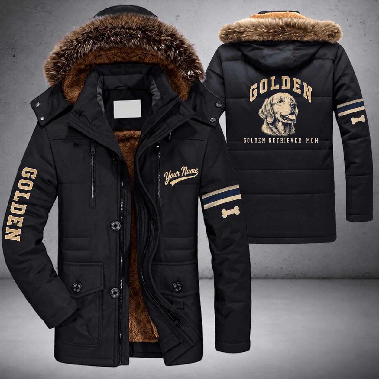 Black parka jacket with a faux-fur hood, golden retriever head on the back, "GOLDEN" lettering and a custom name in script on the chest