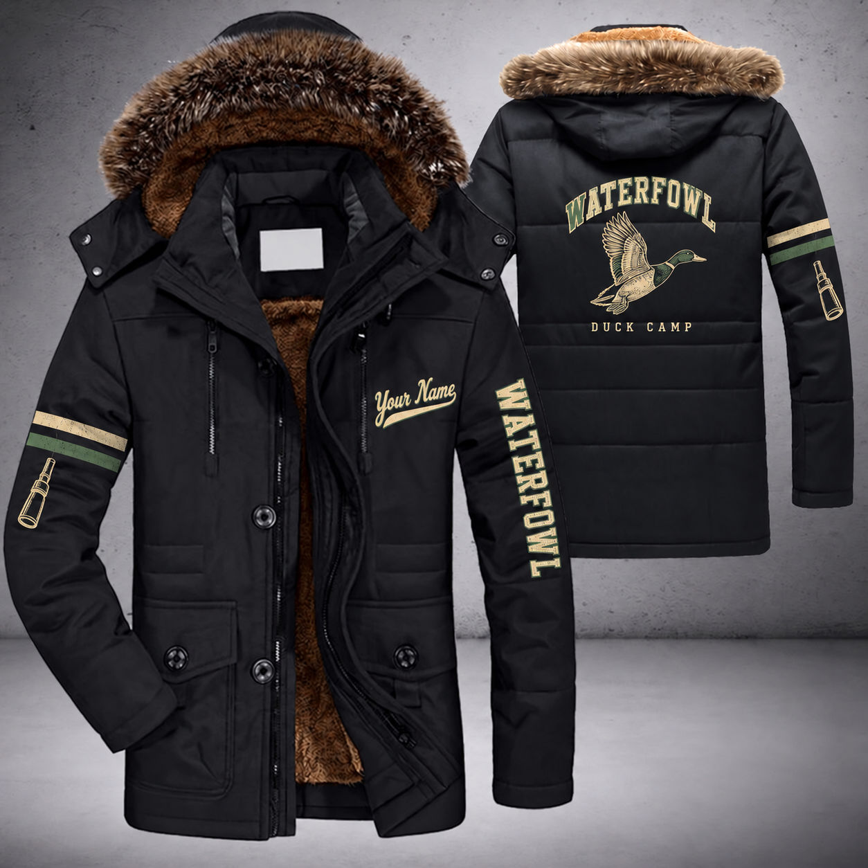 Black parka jacket with a faux-fur hood, mallard in flight on the back, "WATERFOWL" lettering and a custom name in script on the chest