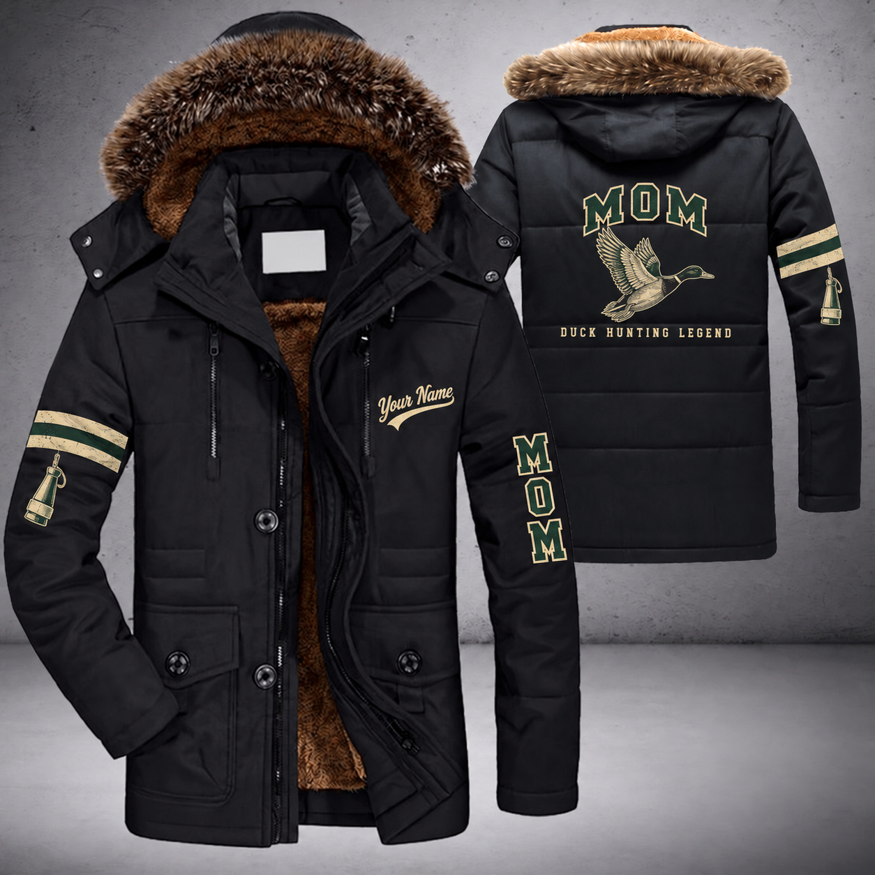 Black parka jacket with a faux-fur hood, mallard in flight on the back, "MOM" lettering and a custom name in script on the chest