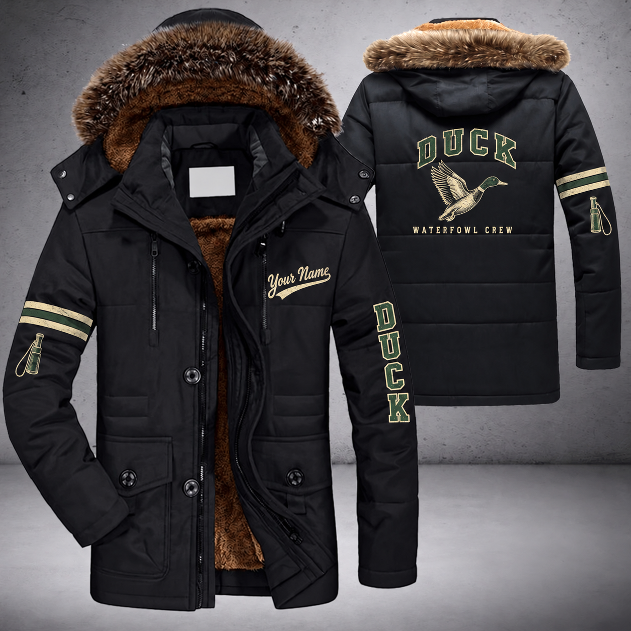 Black parka jacket with a faux-fur hood, mallard in flight on the back, "DUCK" lettering and a custom name in script on the chest