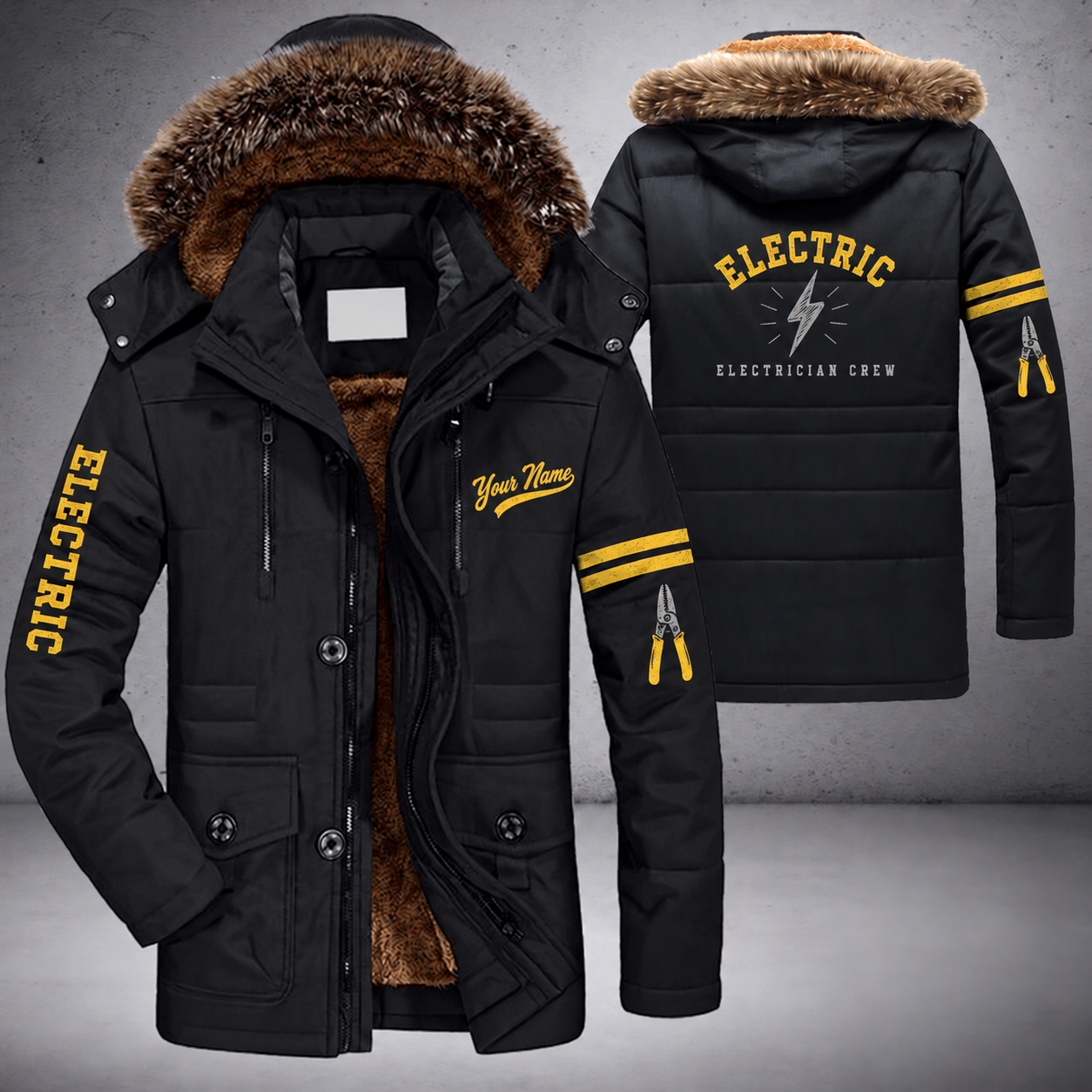 Black parka jacket with a faux-fur hood, lightning bolt on the back, "ELECTRIC" lettering and a custom name in script on the chest