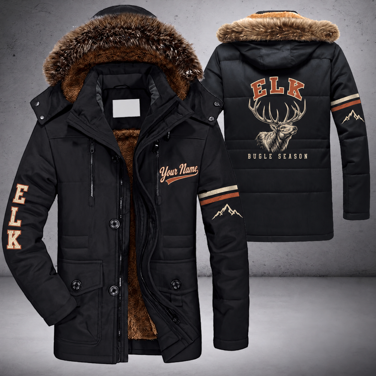 Black parka jacket with a faux-fur hood, bull elk head on the back, "ELK" lettering and a custom name in script on the chest