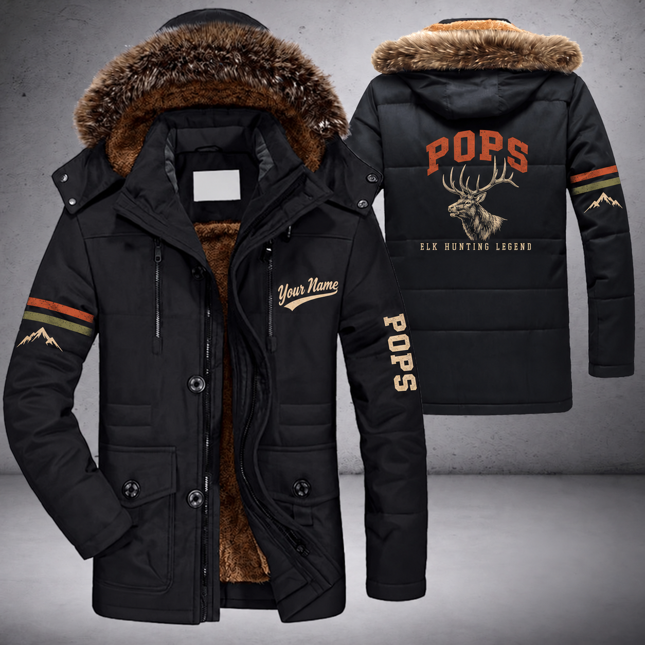 Black parka jacket with a faux-fur hood, bull elk head on the back, "POPS" lettering and a custom name in script on the chest