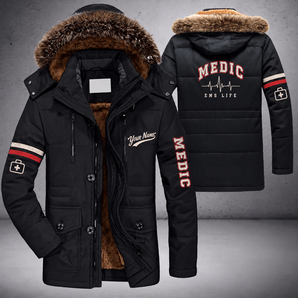 Black parka jacket with a faux-fur hood, heartbeat line on the back, "MEDIC" lettering and a custom name in script on the chest