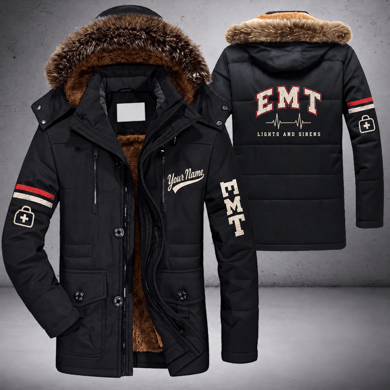 Black parka jacket with a faux-fur hood, heartbeat line on the back, "EMT" lettering and a custom name in script on the chest