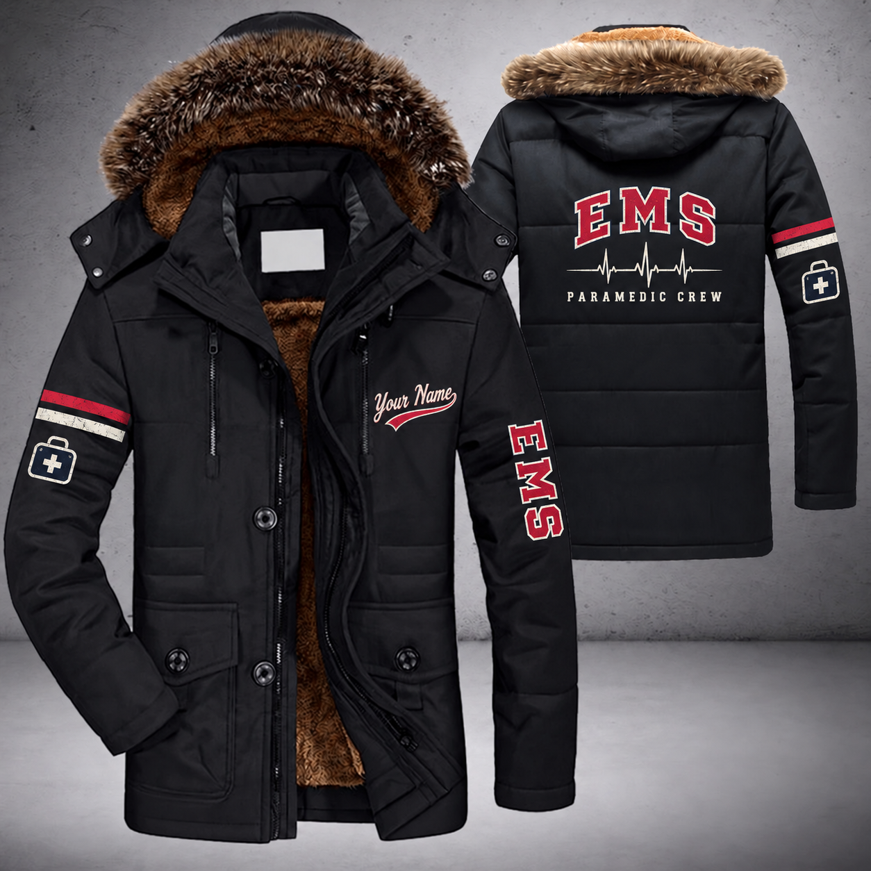 Black parka jacket with a faux-fur hood, heartbeat line on the back, "EMS" lettering and a custom name in script on the chest