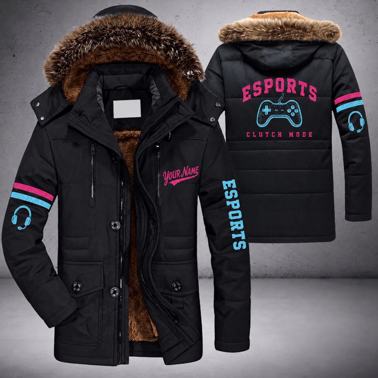 Black parka jacket with a faux-fur hood, controller on the back, "ESPORTS" lettering and a custom name in script on the chest