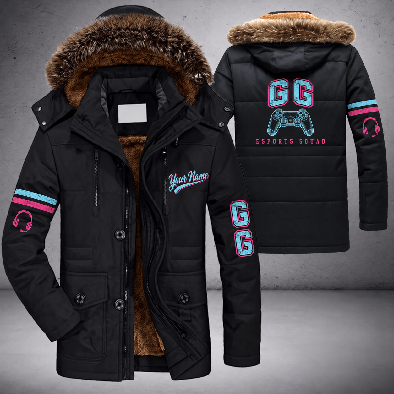 Black parka jacket with a faux-fur hood, controller on the back, "GG" lettering and a custom name in script on the chest