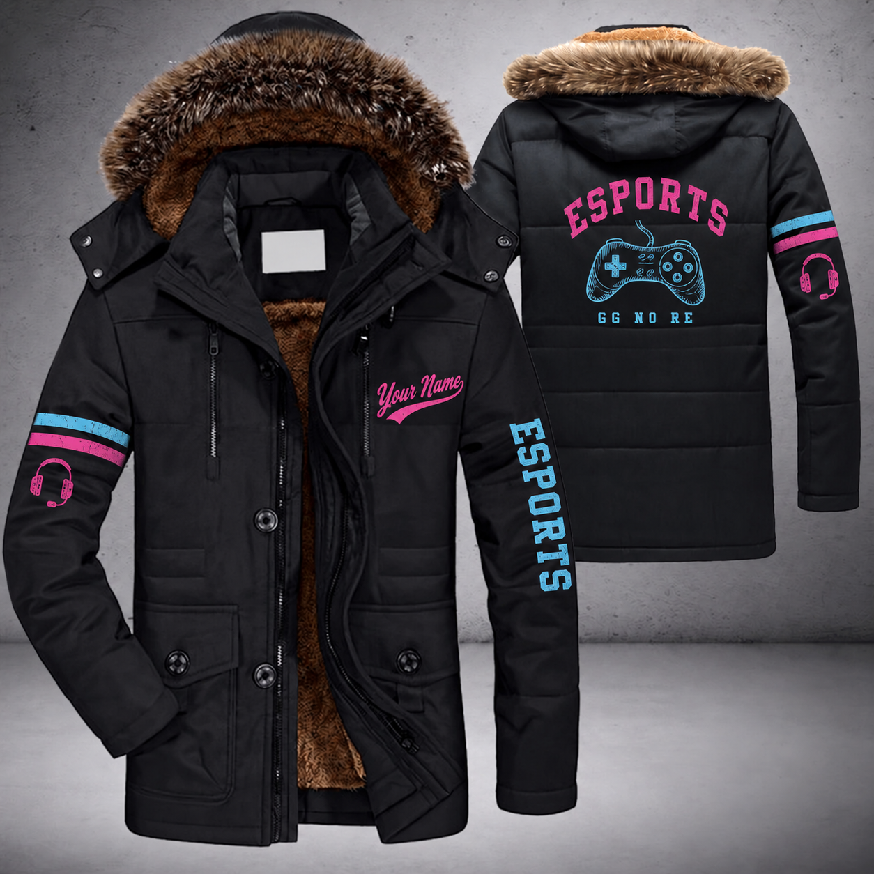 Black parka jacket with a faux-fur hood, controller on the back, "ESPORTS" lettering and a custom name in script on the chest