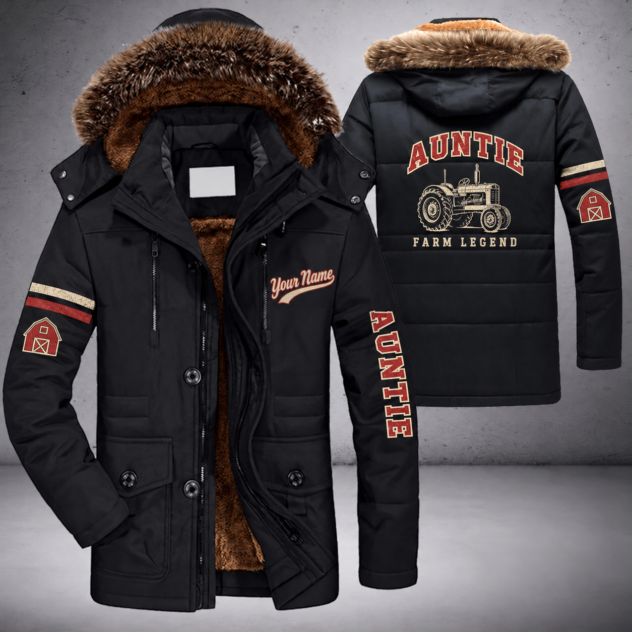 Black parka jacket with a faux-fur hood, tractor on the back, "AUNTIE" lettering and a custom name in script on the chest