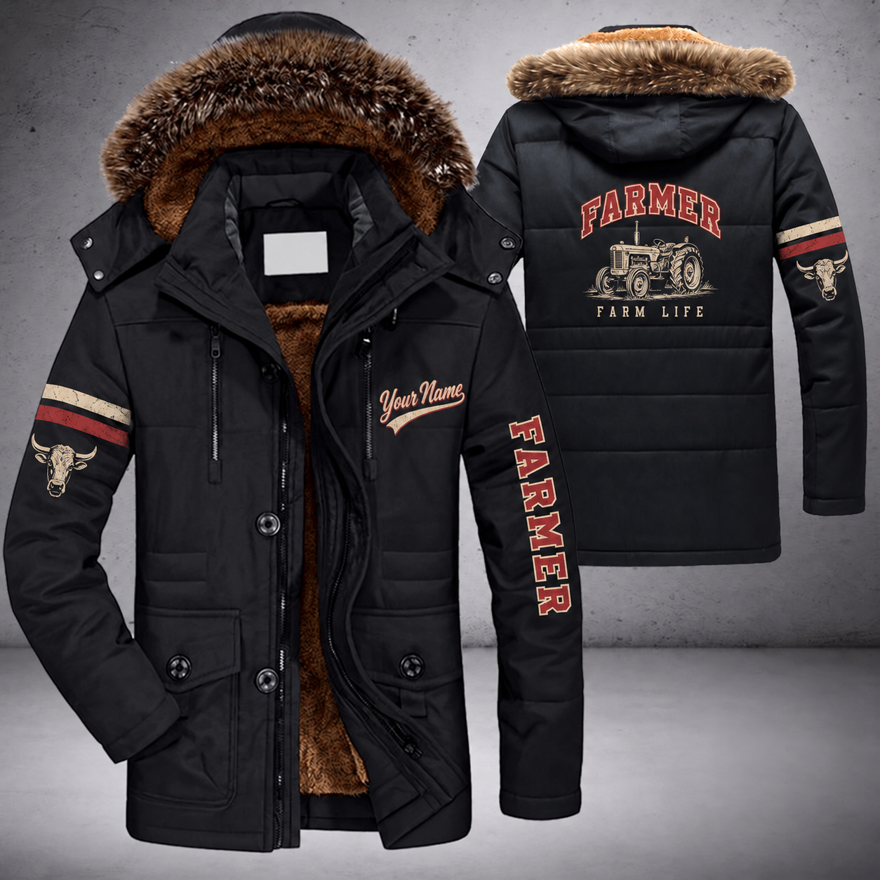 Black parka jacket with a faux-fur hood, tractor on the back, "FARMER" lettering and a custom name in script on the chest