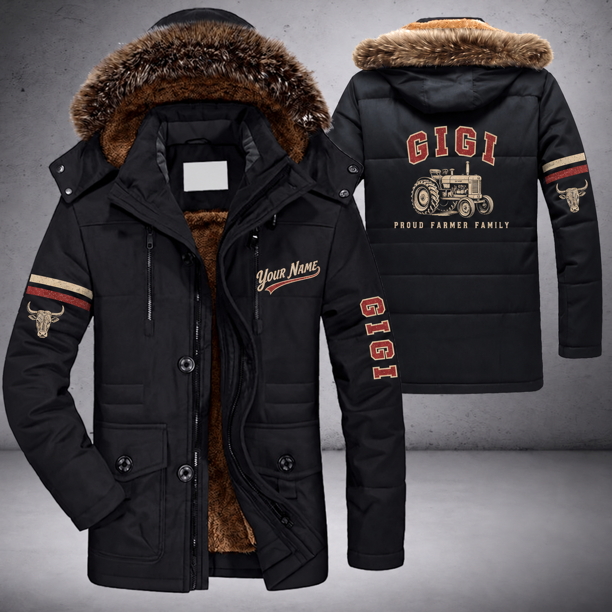 Black parka jacket with a faux-fur hood, tractor on the back, "GIGI" lettering and a custom name in script on the chest