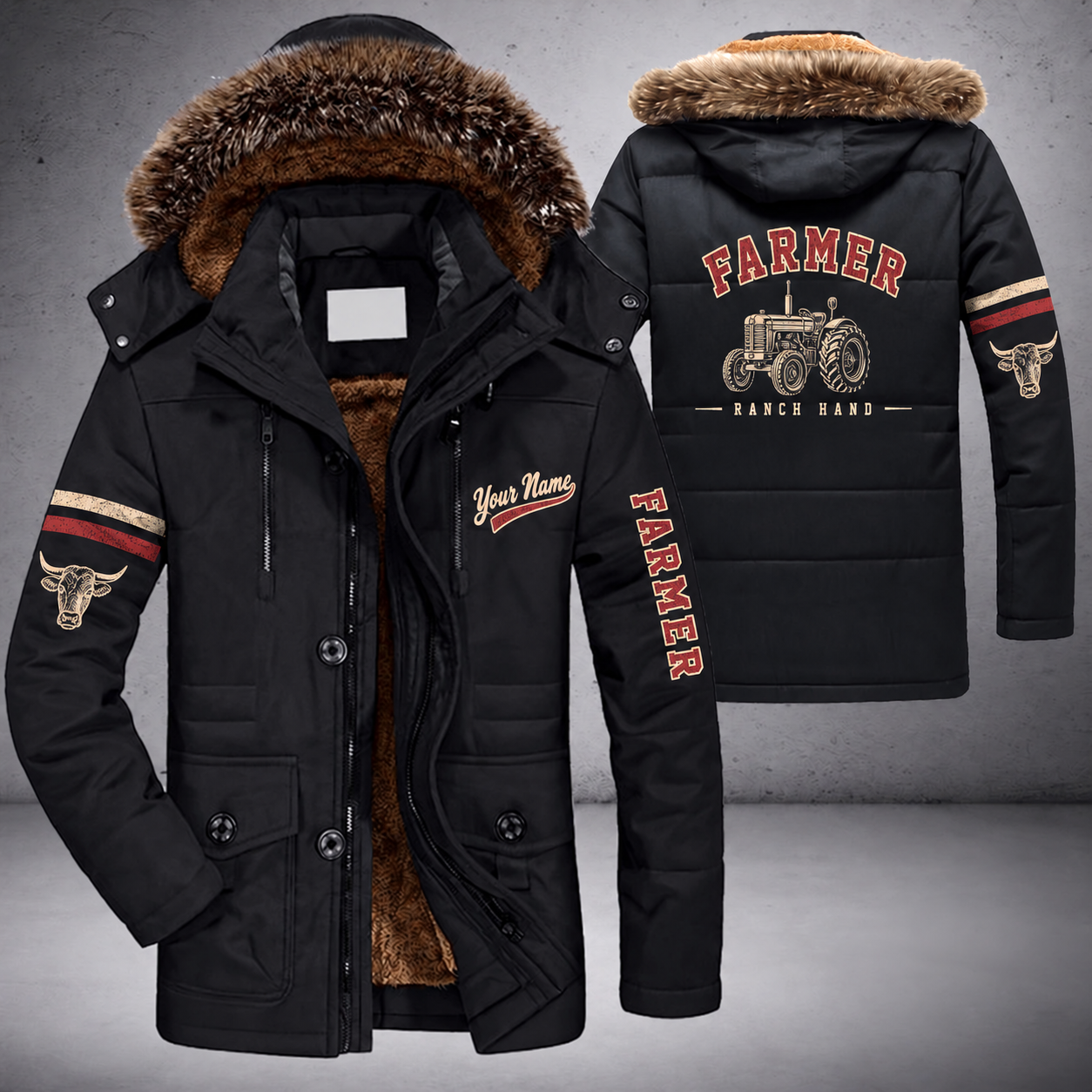 Black parka jacket with a faux-fur hood, tractor on the back, "FARMER" lettering and a custom name in script on the chest